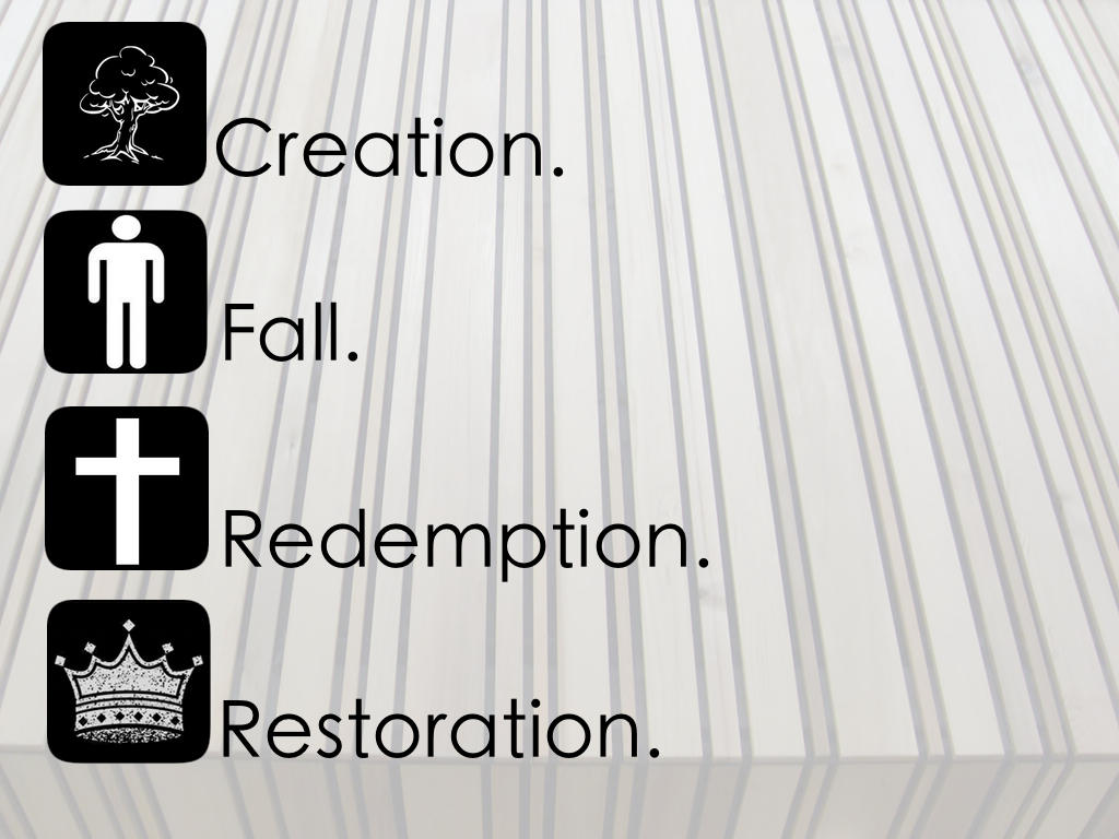 the big story of scripture (creation, fall, redemption, restoration