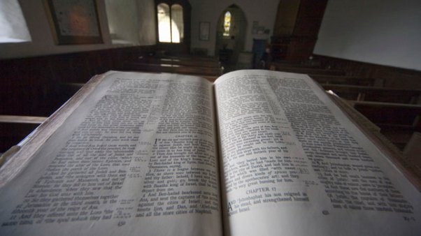 Old bible in church, North Yorkshire, England, Europe
