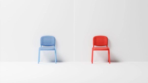 A blue chair next to a red chair with a faith line drawn between them