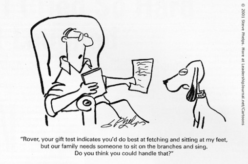 Rover, your gift test indicates you'd do best at fetching and sitting at my feet, but our family needs someone to sit on the branches and sing.  Do you think you could handle that?