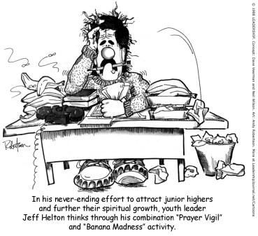 In his never-ending effort to attract junior highers and further their spiritual growth, youth leader Jeff Helton thinks through his combination “Prayer Vigil” and “Banana Madness” activity.