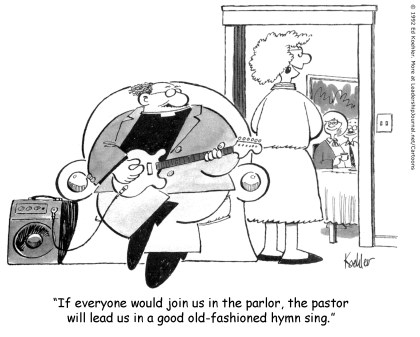If everyone would join us in the parlor, the pastor will lead us in a good old-fashioned hymn sing.