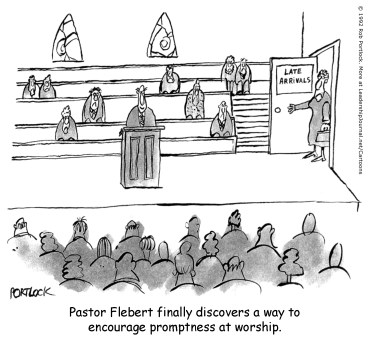 Pastor Flebert finally discovers a way to encourage promptness at worship.