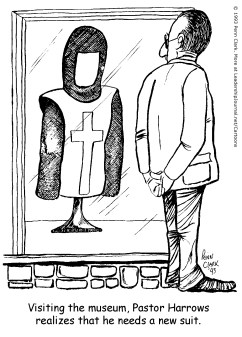 Visiting the museum, Pastor Harrows realizes that he needs a new suit.