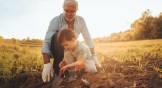 Man teaching a boy how to farm and till the land.