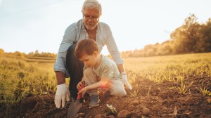 Man teaching a boy how to farm and till the land.