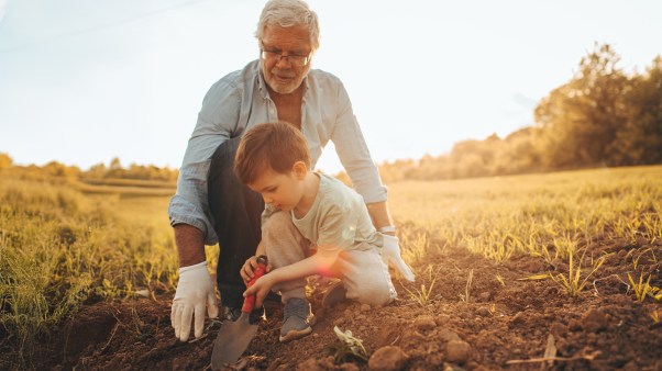 Man teaching a boy how to farm and till the land.