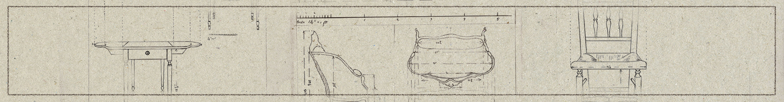 Detailed sketches of various angles of furniture with measurements