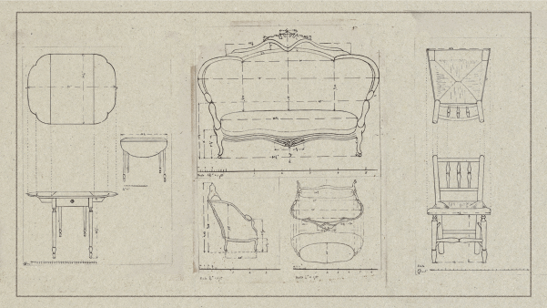 Detailed sketches of various angles of furniture with measurements