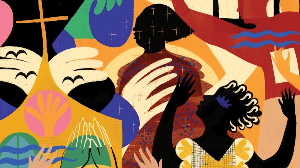 A painting of people and a church