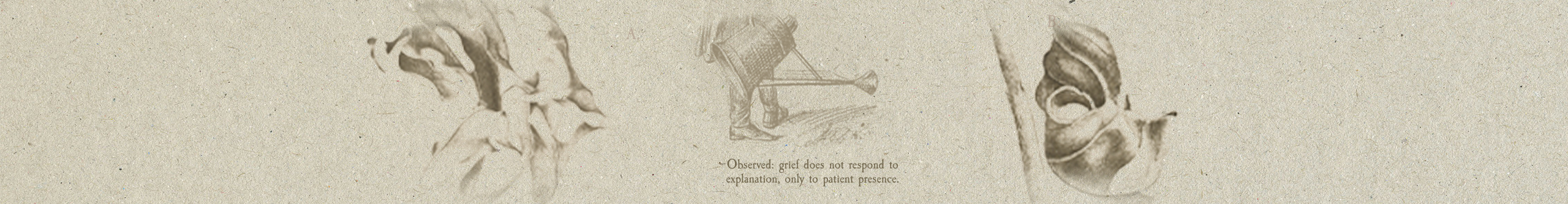 Sketches of withering leaves and a gardener with a watering can