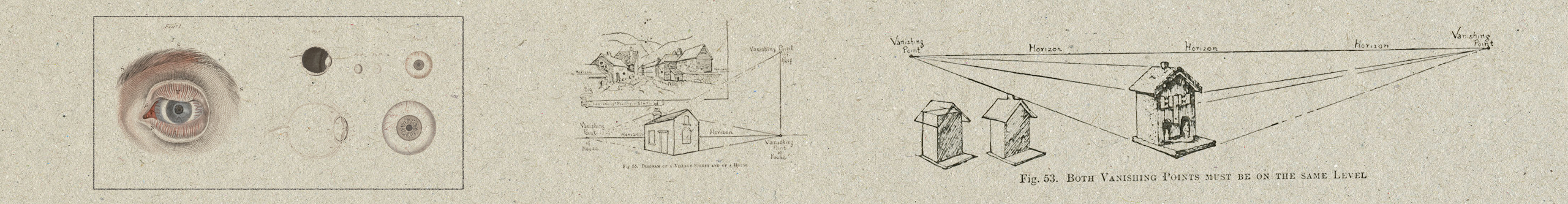 Sketches of the human eye and buildings with perspective and vanishing points
