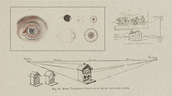 Sketches of the human eye and buildings with perspective and vanishing points