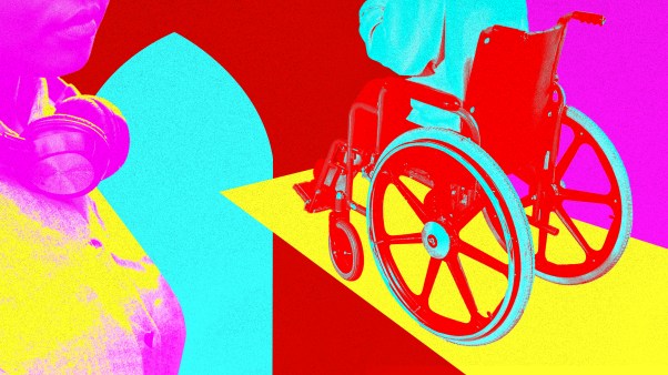 A woman with headphones and a person in a wheelchair