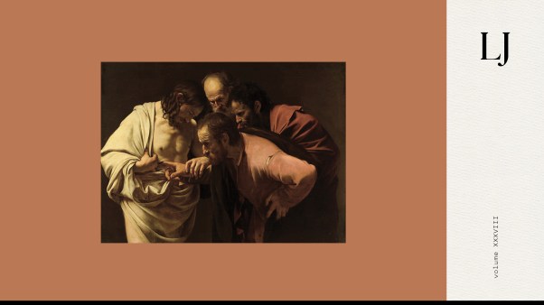 Painting of The Incredulity of Saint Thomas by Caravaggio, 1602 set on an orange background