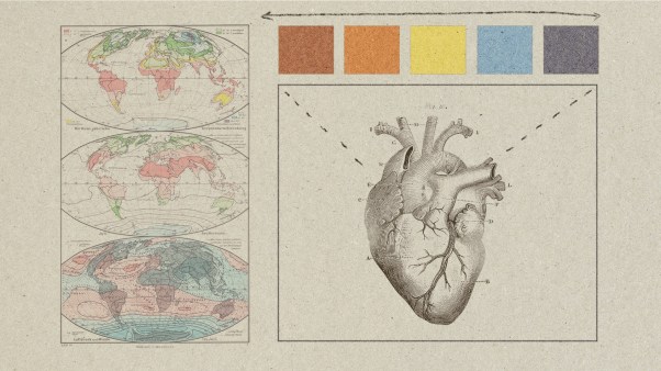 An image with maps and a medical drawing of a human heart
