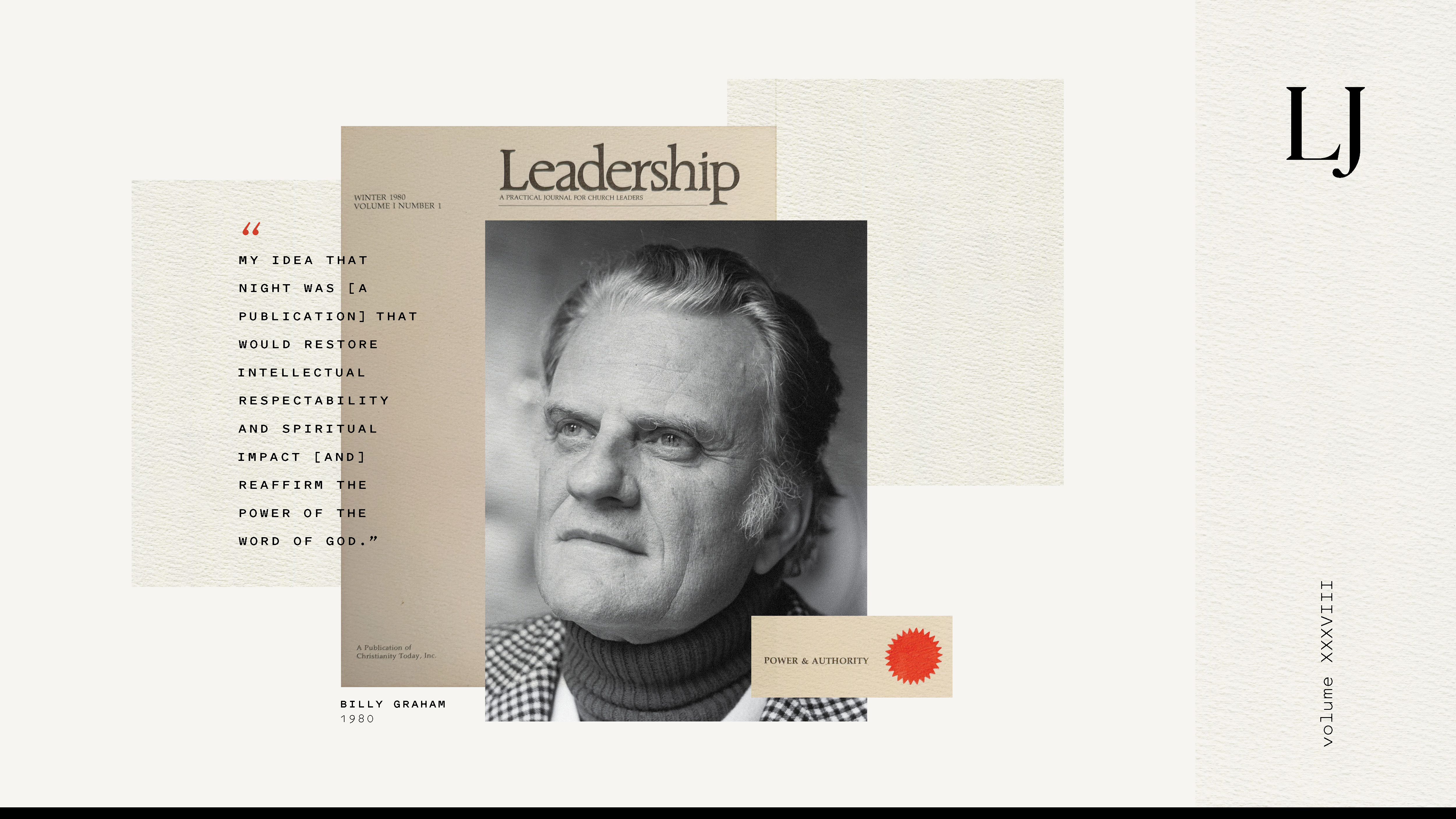 Collage of a portrait of Billy Graham from 1980, a copy of an early issue of Leadership Journal, and a quote that reads: "My idea that night was [a publication] that would restore intellectual respectability and spiritual impact [and] reaffirm the power of the word of God."