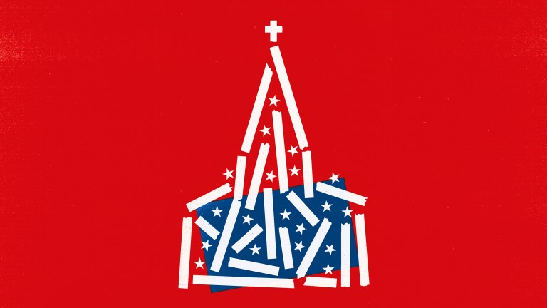 A vanishing church made with elements from the American flag.