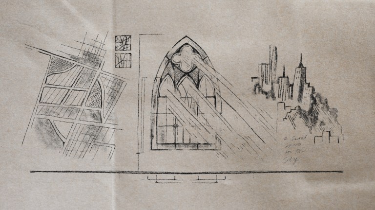 Sketches of ciy map, stained glass window with light beams shining through, and city view of buildings.