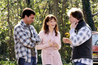 Carell, Binoche, and Hedges on the set