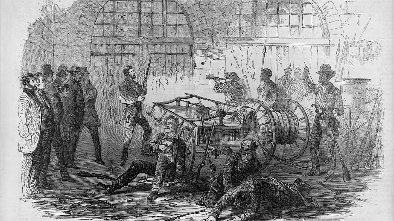 Interior of the engine-house at the end of the Harper's Ferry Insurrection, just before the gate is broken down by the U.S. Marines. Radical abolitionist John Brown is the lone figure standing center left.