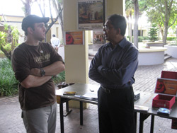 Brennan meets with a festival volunteer