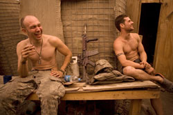 Specialists Misha Pemble-Belkin and Ross Murphy relax at Outpost Restrepo