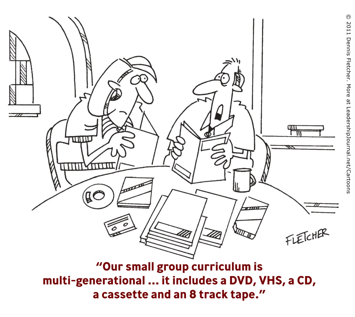 Our small group curriculum is multi-generational... it includes a DVD, VHS, a CD, a cassette, and an 8-track tape.
