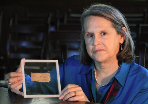 Karen L. King holding "Gospel of Jesus' Wife" fragment.