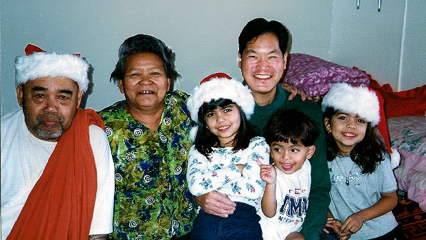 Jeung (right) celebrates Christmas with Maria and Grandma.