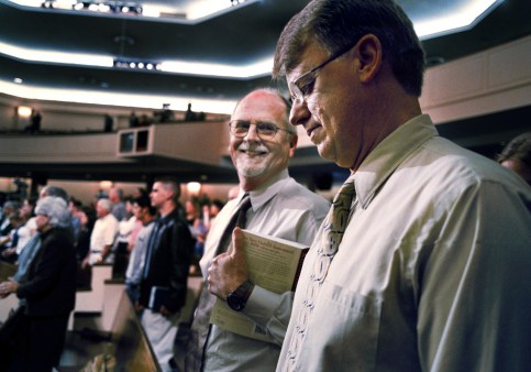 Gary Nixon, right, and Mel White, a gay couple, attend Jerry Falwell's church in Lynchburg, VA. The couple (together for 20 years) has rented a cottage directly across the street from Falwell's church for a year, are are attending services there and getting to know the neighbors. While some people have called them sinners, others have brought over pies and cookies in welcome.