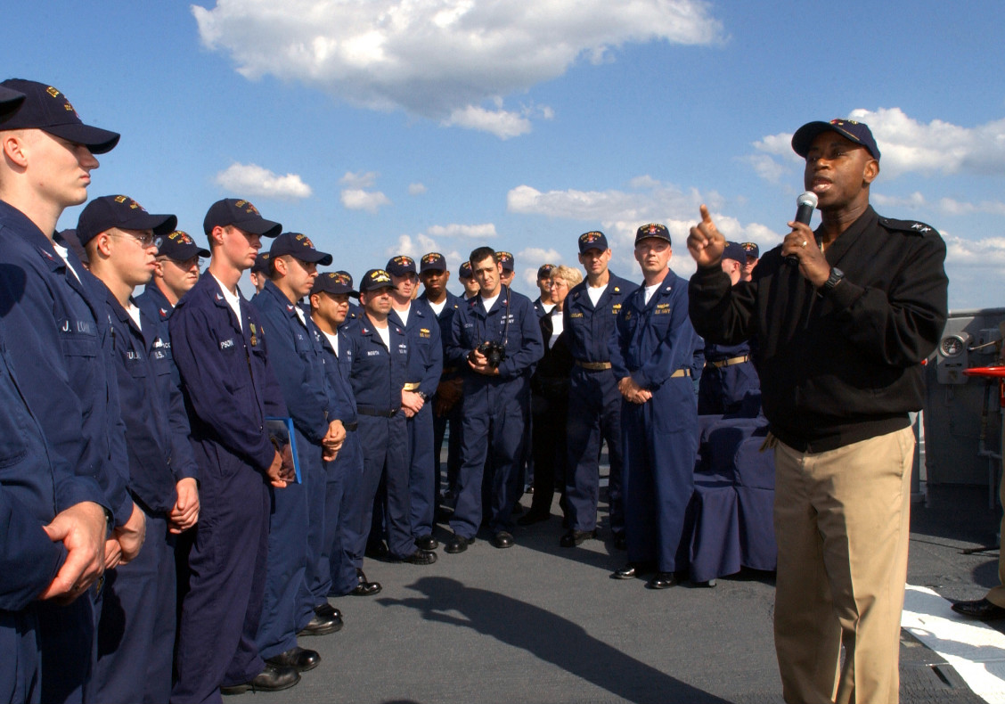 Chaplain Barry Black addresses U.S. sailors in 2003.