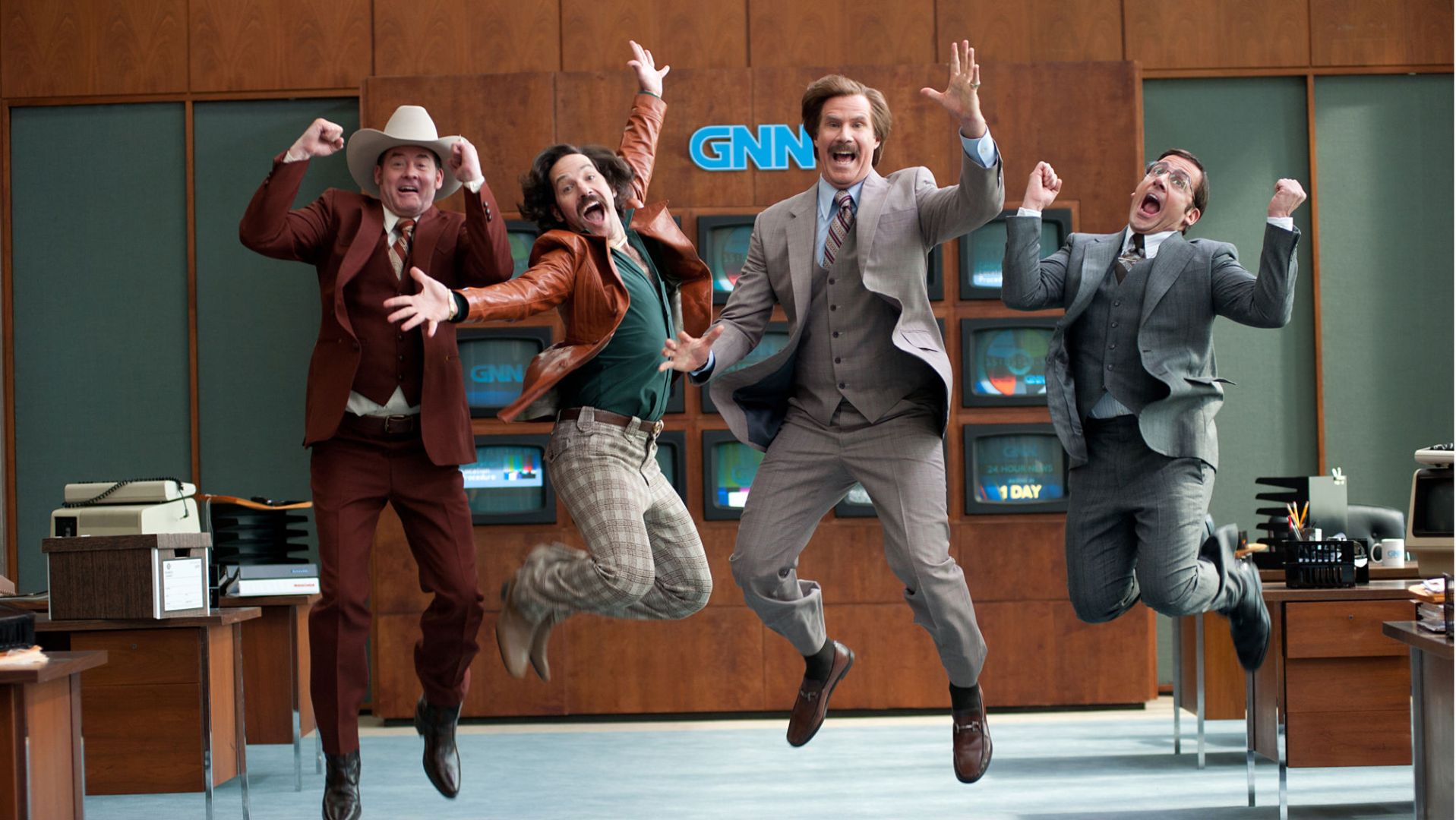 David Koechner, Paul Rudd, Will Ferrell, and Steve Carrell in 'Anchorman 2: The Legend Continues"