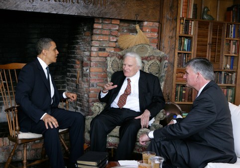 Barack Obama (Gallup's No. 1) visits Billy Graham (No. 3) and Franklin Graham in 2010.