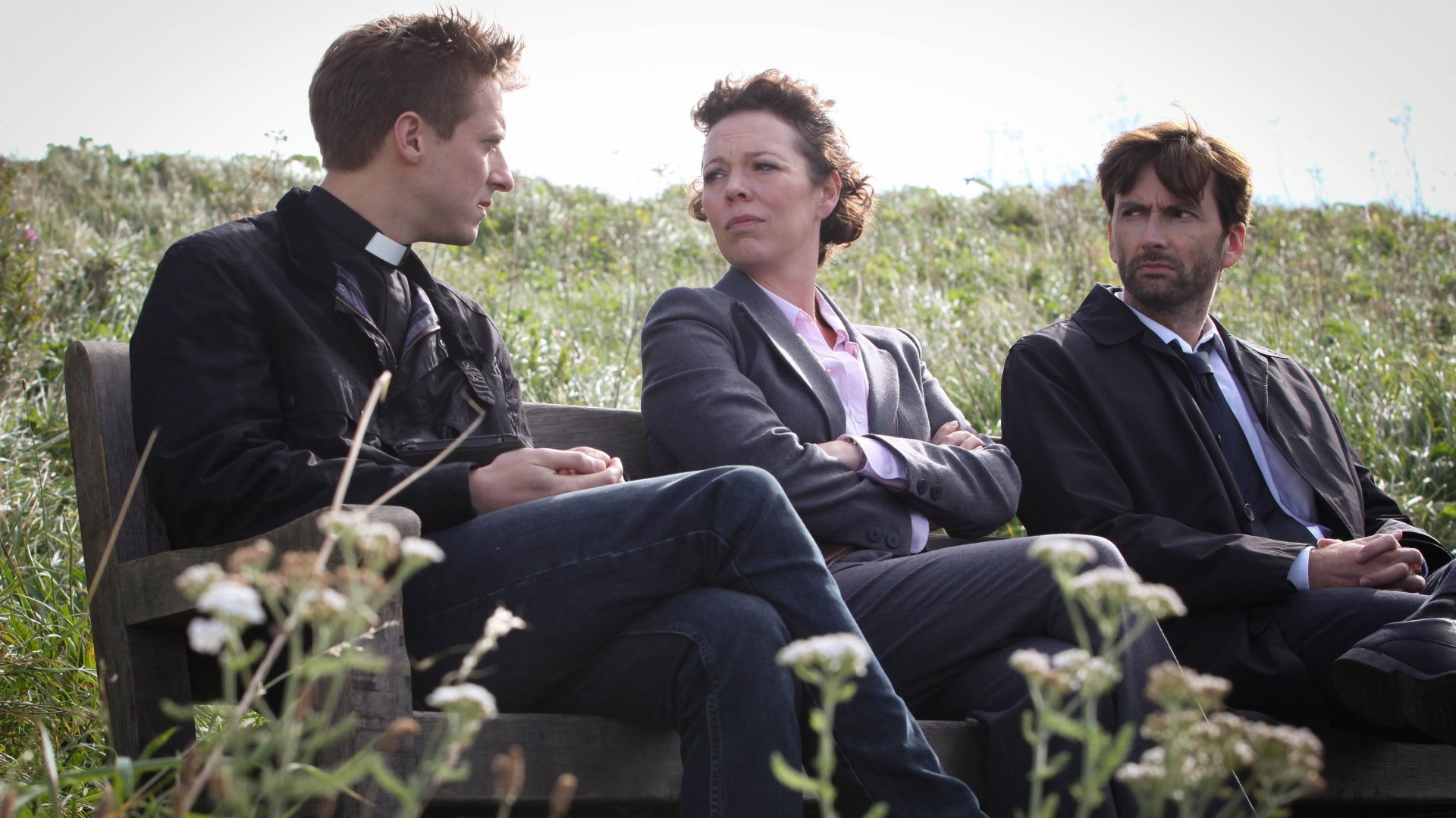 Arthur Darvill, David Tennant, and Olivia Colman in 'Broadchurch'