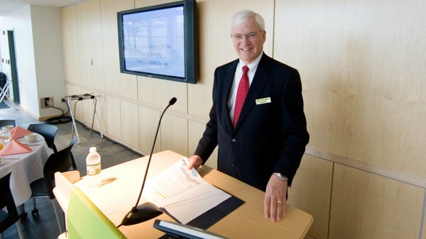 In 2008 at Gordon College, Jud Carlberg prepares for the official opening of the Ken Olsen Science Center.