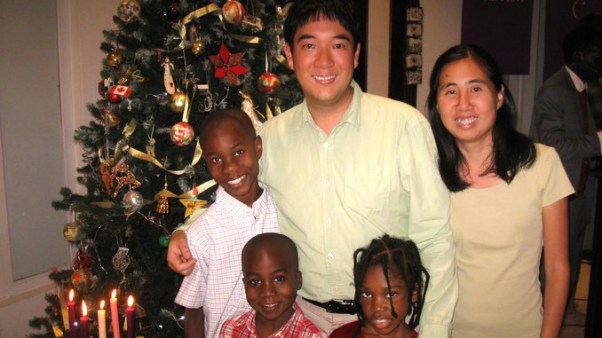 Grace and Matt Huang with their three adopted children.