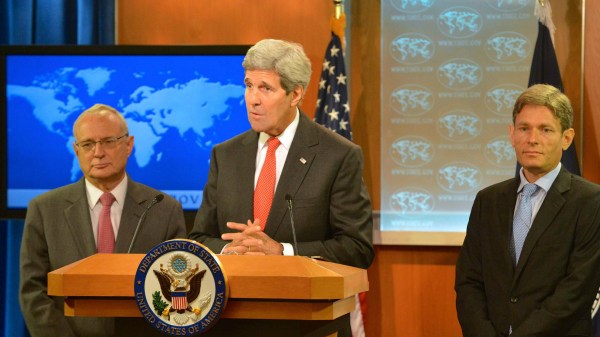 David Saperstein (left) at release of 2013 report on international religious freedom.