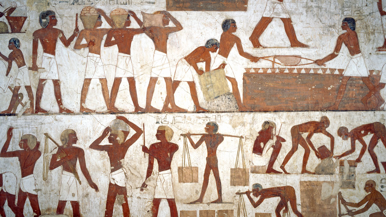 Men at work, detail from the frescoes in the Tomb of Rekhmire, thought to depict Egyptians with Nubians and Semitic slaves.