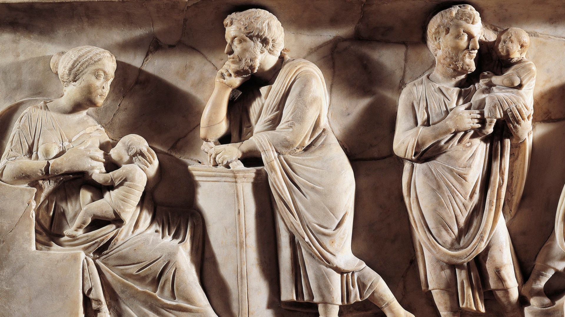 Sarcophagus of M. Cornelius Statius with scenes from his childhood, Detail of child with his parents.