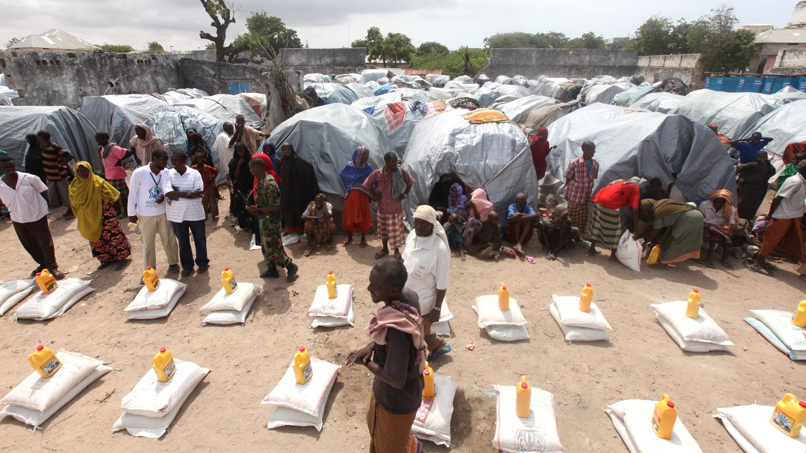 Aid distribution in Somalia refugee camp.