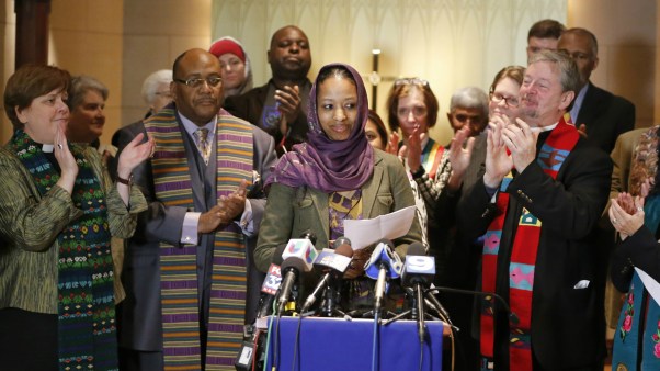 Larycia Hawkins addresses a press conference.