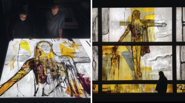 LEFT: The north window, here being prepared by Brandes, measures 26.3 x 18.1 feet. RIGHT: In the “yellow” windowpane in Cornerstone University’s new chapel, Jesus is on the cross, but he is also a sower. “He had already begun to fertilize the earth with his words and deeds,” explains Brandes.