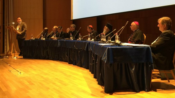 The leader of the Albanian Evangelical Alliance (far left) welcomes delegates to the “Discrimination, Persecution, Martyrdom” consultation in Tirana, Albania.
