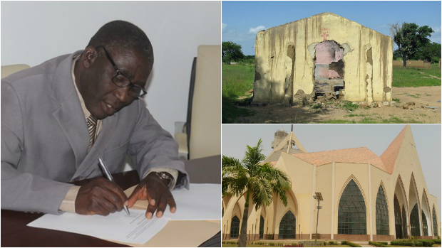 The CAN secretary general (left) signs a declaration in Abuja (bottom right) regarding destroyed churches in Nigeria's north (top right).