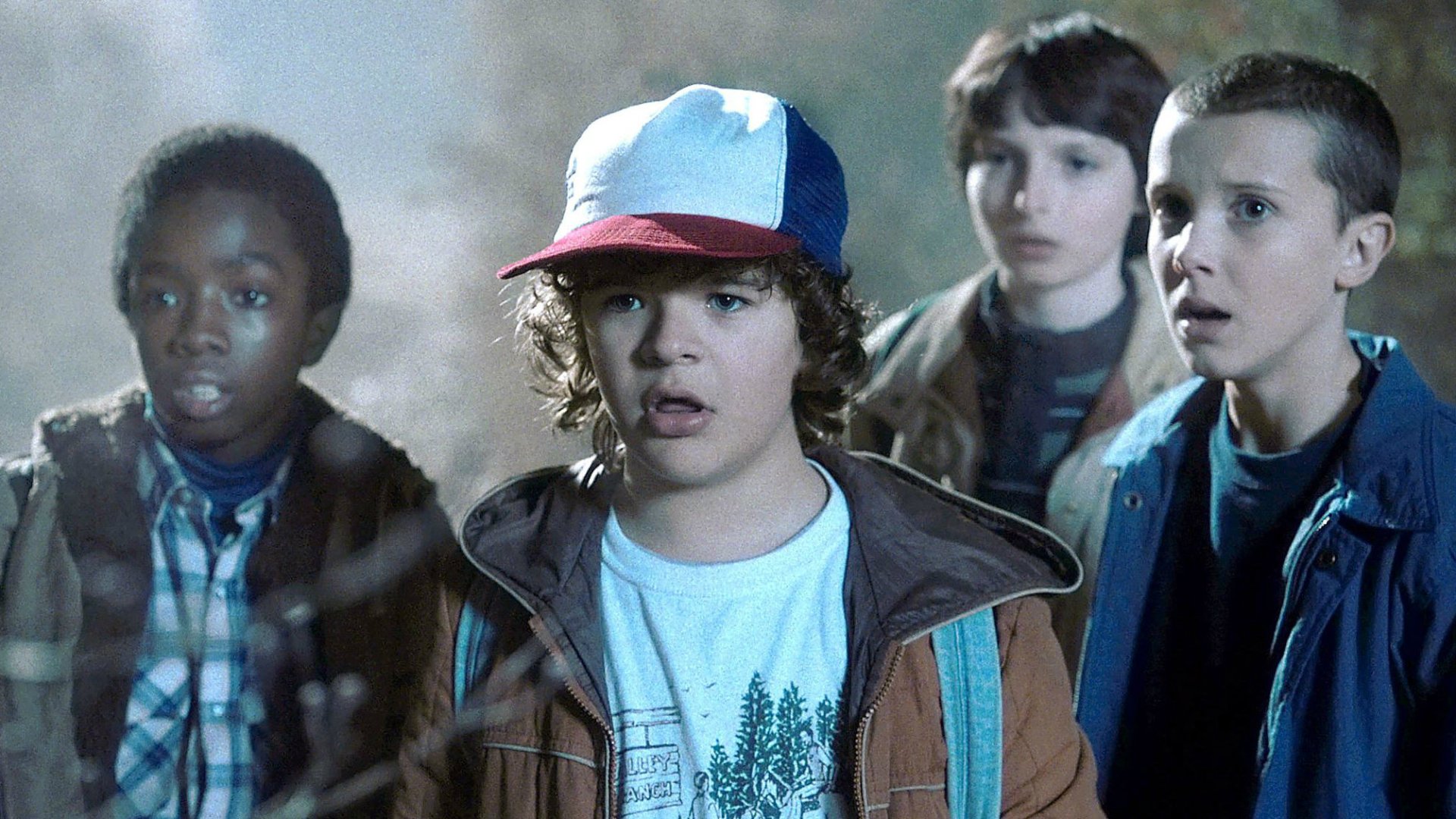Caleb McLaughlin, Gaten Matarazzo, Finn Wolfhard, and Mille Bobby Brown in 'Stranger Things'