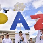 Colombians celebrate the peace agreement at Bogotá's main square.
