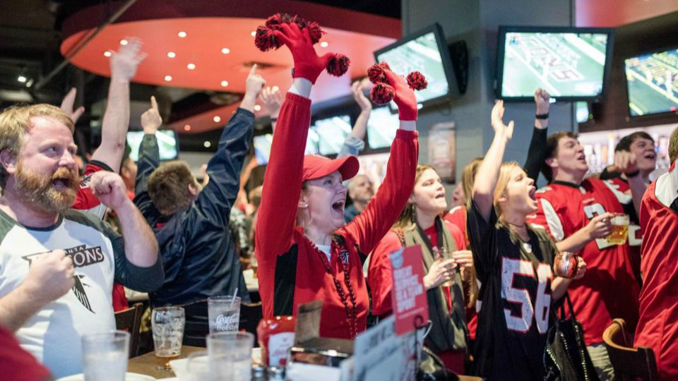Falcon fans celebrate Atlanta's 44-21 defeat of the Green Bay Packers.