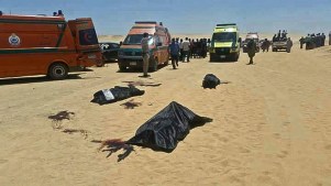 Bodies of Coptic Christians killed when gunmen stormed their church bus in Minya, Egypt.