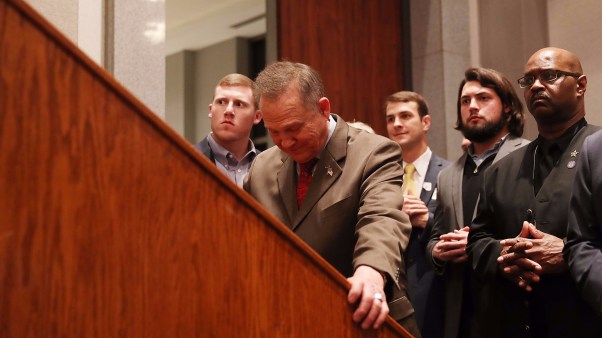 Roy Moore prepares to address supporters after the Alabama election is called for Doug Jones.